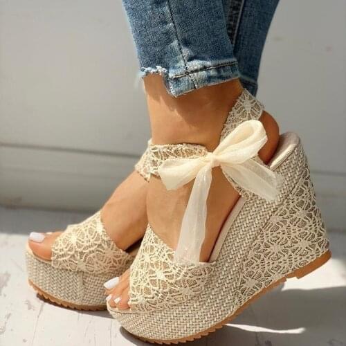 2020 new Women Fashion Summer Platform Wedge Sandals Ankle Strap Fish Mouth Espadrilles Sandals High heel ribbon