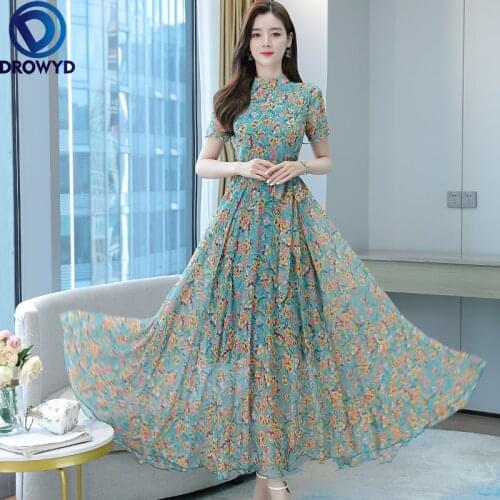 Women Floral Print Casual Short Sleeve Polyester Long Dress Thin Slim 2021 Elegant Dress Summer High Waist Party Dress Vestidos
