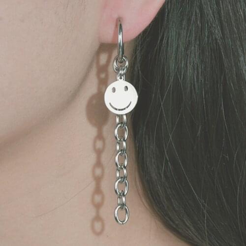 Acheerup 2021 Trendy Smile Face Chain Ear Buckle Stainless Steel Drop Earrings For Women Girls Silver Accessories Jewelry Gift