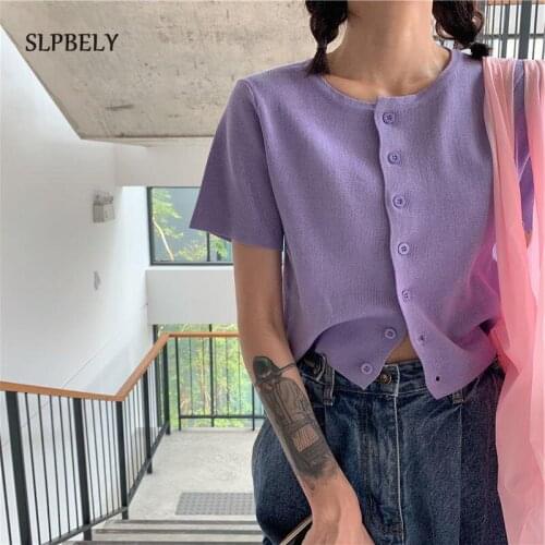 SLPBELY Women Short Knitted Cardigan Top Summer Short Sleeved O-Neck Solid Knitted T-shirts Streetwear Korean Knittted Tops New