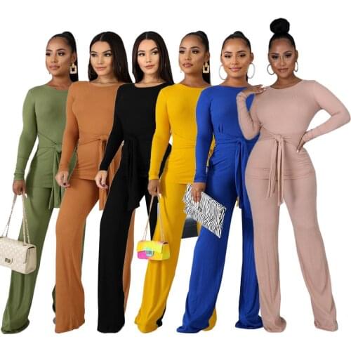 Echoine Women Autumn Ribbing Elastic Two Piece Set Long Sleeve T-shirt Tops Wide Leg Pants Suit Casual Tracksuit Fitness Outfits