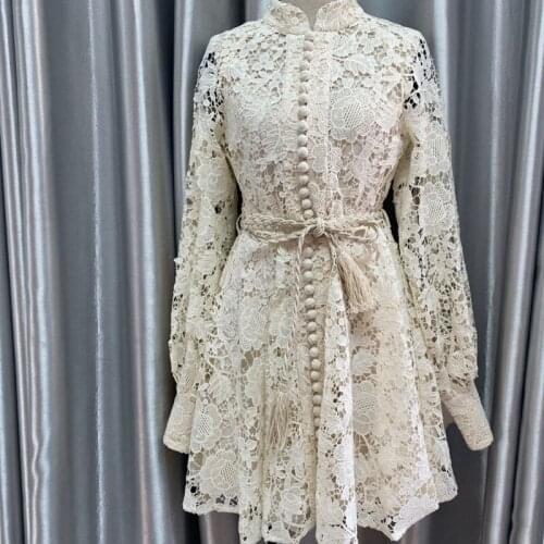 2021 Office Lady O-Neck Solid Hollow Out Lantern Sleeve Lace Up Vintage Dress Fashion Womens Elegant Long Sleeve A-Line Dress