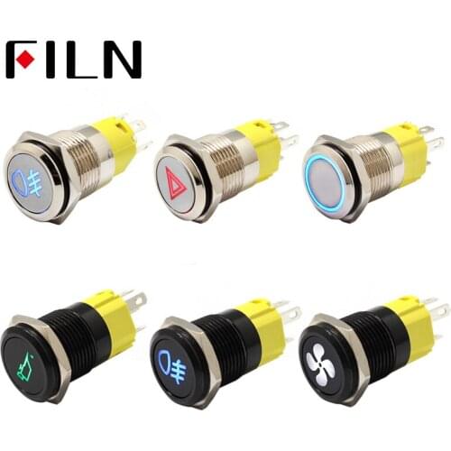 16mm 12v LED stainless steel black metal push button switch dashboard warning symbol momentary latching on off car racing switch