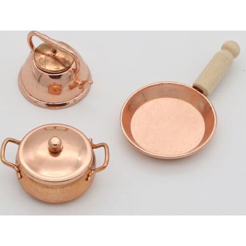 3pcs/Set 1:12 Scale Dollhouse Miniature Bronze Frying Pan Cooking Pot Kettle Cookware Kitchen Cooking Kit Dolls Accessories