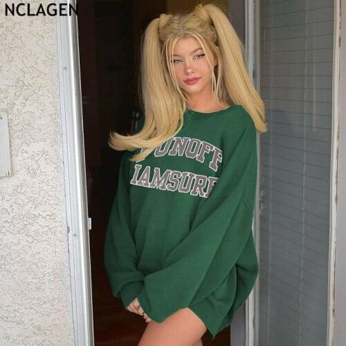 NCLAGEN Basic Letter Print Women Loose Sweatshirts Long Sleeve Harajuku Casual Pullovers Round Neck Streetwear Hoodies Clothes