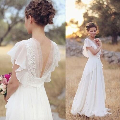 Bohemian V Neck Wedding Dresses A Line Beach Wedding Gowns Boho Bridal White Lace dress 2021 Backless for women vestidos