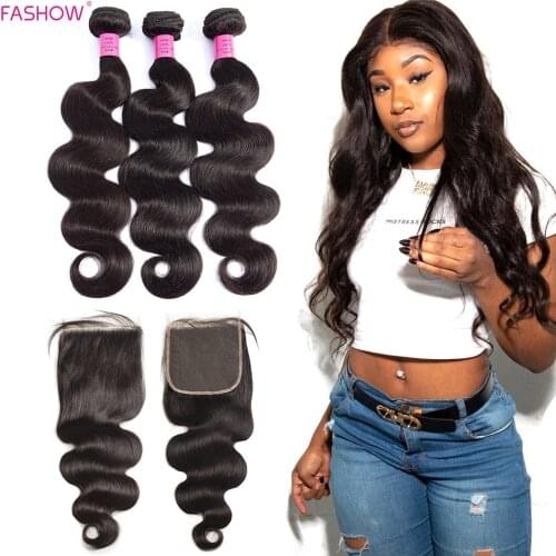 Fashow Brazilian Body Wave Human Hair Bundles with 4*4 Lace Closure Remy Human Hair 3 Bundles with Big Lace Closure Hair Weaves