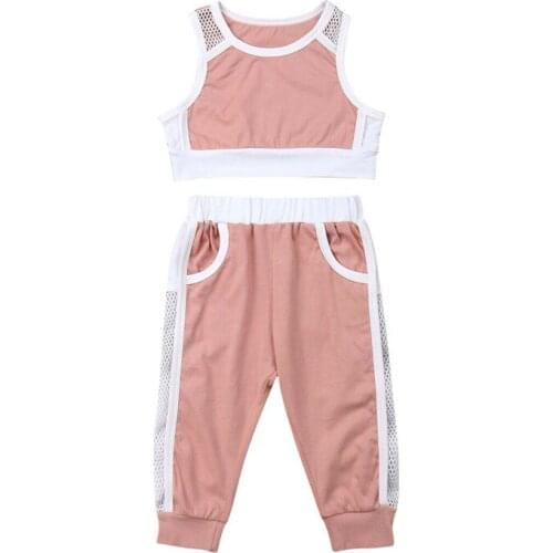 Summer Kids Girls Mesh Tracksuit 2019 Baby Sleeveless Crop Tops+Long Pants 2Pcs Outfits Children Pink Sports Clothes Set 1-6Y
