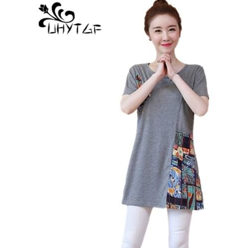 UHYTGF 5XL Oversized T-Shirt Women Mid-Length Short Sleeve Pullover Summer T-Shirt Female Fashion Splicing Casual Thin Tops 1328
