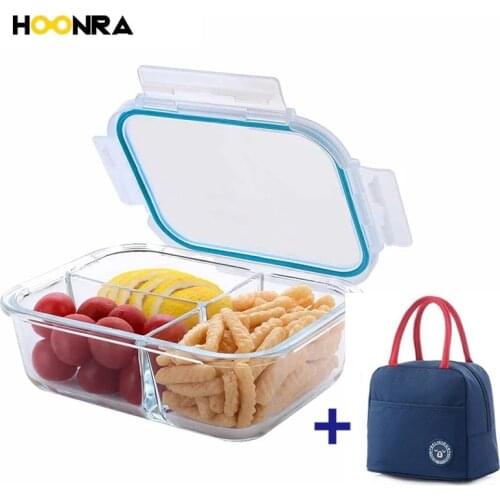 HOONRA Lunch Box Glass Microwave Rectangle Glass Lunch Box With Thermal Bag Compartment Food Container Storage Food Bento Box