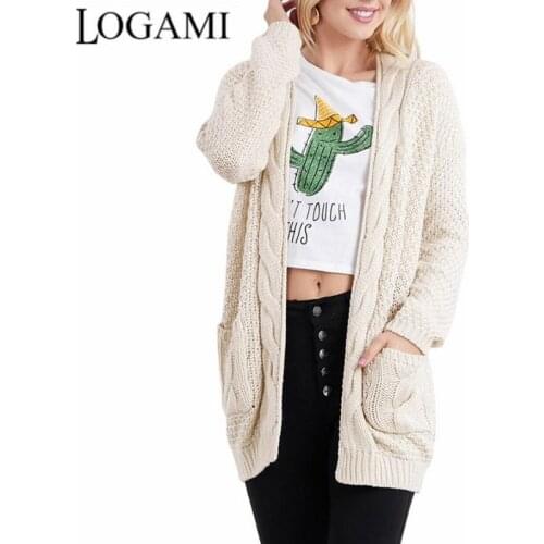 LOGAMI Cardigan Long Sleeve Knitted Sweater Women Twist Pockets Cardigan Long Coat