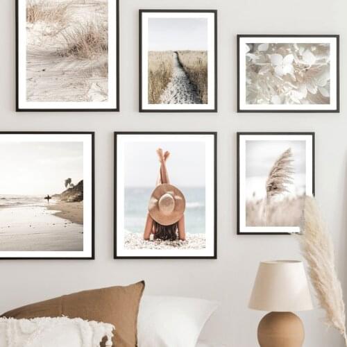 Wall Art Print Canvas Painting Beach Girl Surf Reed Grass Path Flower Waves Nordic Poster Decoration Pictures For Living Room