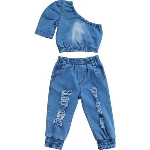 FOCUSNORM 1-6Y Summer Infant Kids Girls Fashion Clothes Sets Blue Denim Short Sleeve One Shoulder Tops Pants 2PCS