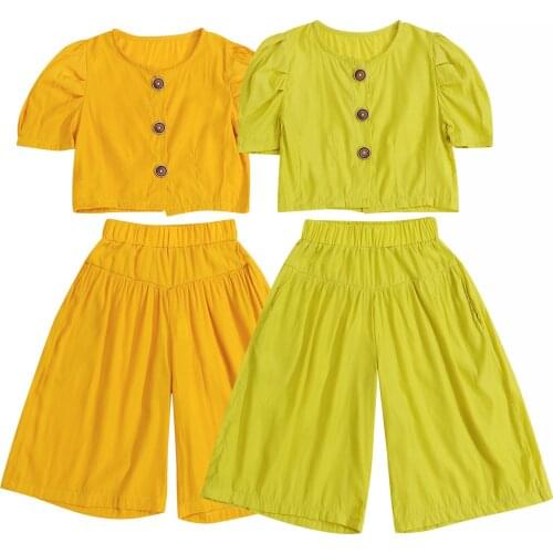 2 Pieces Kids Suit Set, Solid Color Round Neck Short Sleeve Tops+ Culotte for Toddler, Yellow/Green