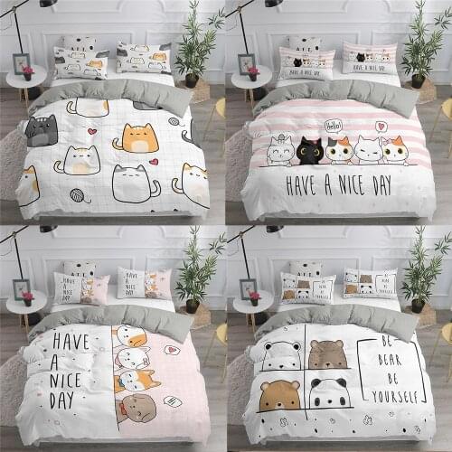 ZEIMON 2/3Pcs Cartoon 3D Bedding Set White Duvet Cover with Pillowcase Unisex Comforter Cover Home Textiles Cat Kitty Pattern