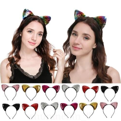 Cute Sequins Cat Ear Headband Flashing Hair Clasp Headwear Costume Party Cosplay