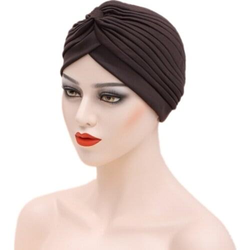 Fashion Female Pleated Turban Cap Beanie Headwrap Sleep Hat Women Bonnets Hair Wraps Cover Muslim Chemo Cap Underscarf Headwear