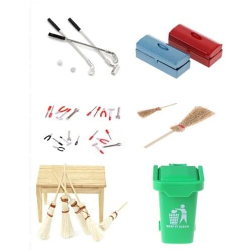 1:12 Dollhouse Scale Miniature Hand Tools Set Cleaning Tools Garbage Can Mini Toolbox Dolls House Accessories Furniture Toys
