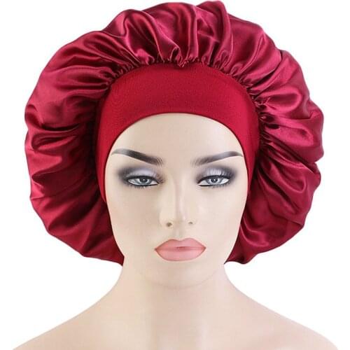 New Fashion Women Solid Color Satin Nightcap Bonnet Hat Silk Head Cover Wide Elastic Band