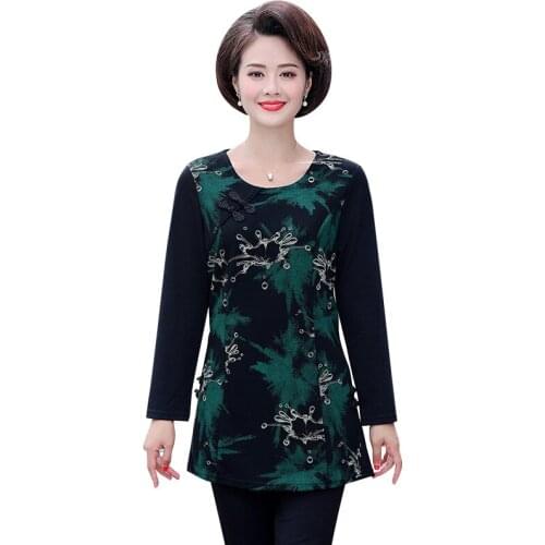 Long Sleeve Casual Tee Tops Women Spring Pullover T-Shirts O-Neck Printed Small Shirt Plus Size 5XL Middle Aged Mother Clothes