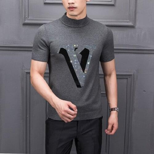 Oversized Letter Cartoon Hot Drill Bottoming Short-Sleeved Pullover Popular Slim Mens T-Shirt Sweater Knit