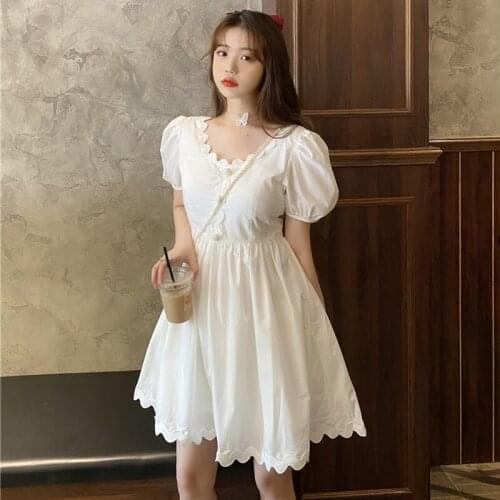 Japanese Sweet Lace lolita dress Puff Sleeve High Waist Slimming All-match Platycodon Grandiflorum Dress Womens 2020 Summer