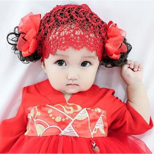 Yundfly Baby Girls Wig Headband Children Hairnet Toddler Bow Hair Accessories Embroidered Bangs Photo Props