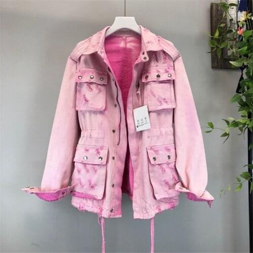 2019 Autumn Womens Denim Jacket Pink Casual Female Windbreaker Vintage Medium length Jean Jacket Hole Bomber Jackets Outwear 62