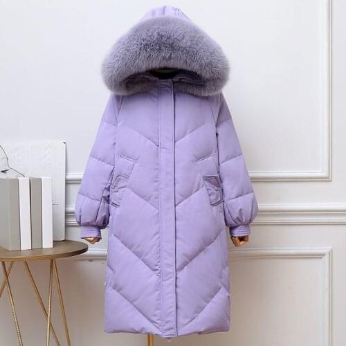 Women 2021 Winter Fashion White Duck Down Warm Jackets Female Long Loose Thick Overcoats Ladies Real Fox Fur Hooded Coats R299