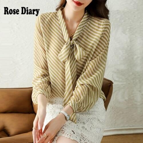 RoseDiary Fashion Stripes Long Sleeve Shirt New Autumn Women Slim Bow Design Patchwork Chiffon Blouses Office Ladies Work Tops