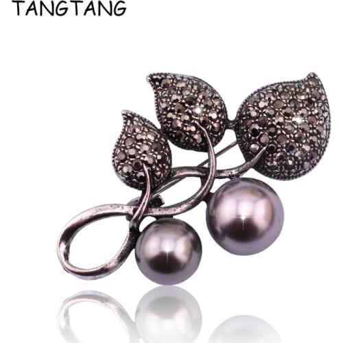 New Black Brooch Grey Pearl Leaves Brooch Pin For Women Antique Vintage Jewelry Scarf Clip Pins Hot Trendy Retro Leaf Pin