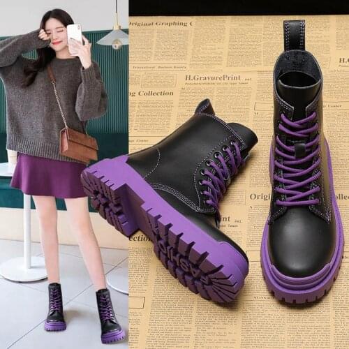 Koovan Women Short Boots 2020 Autumn New Lace Black Martin Boots Women Breathable Ankle Shoes Platform Motorcycle Boot