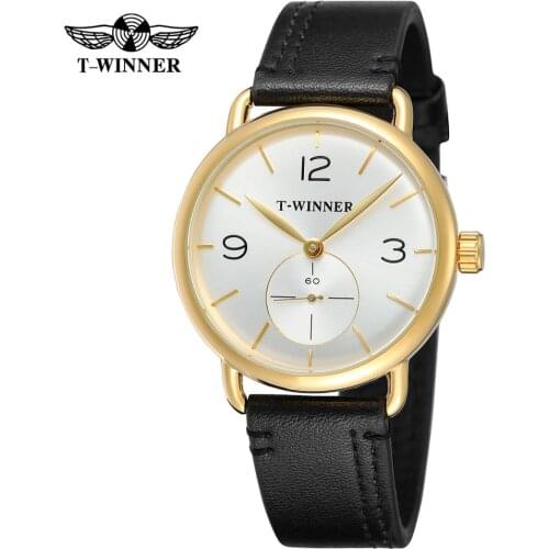 T-WINNER Simple and stylish mens watch white dial gold case black leather strap automatic mechanical watch