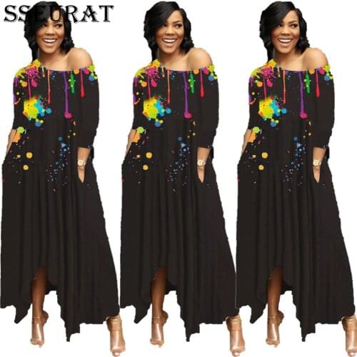 SSEURAT Women Long Dress Print Short Sleeve Diagonal Collar Pockets Asymmetrical Loose Maxi Dresses Casual Fashion Vestidos