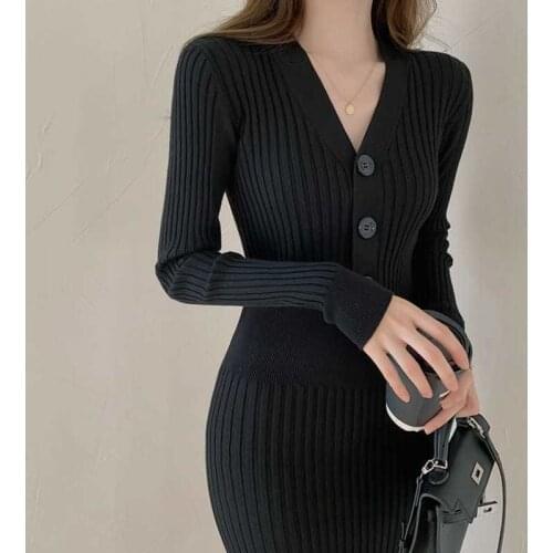 Korean Sweater Dress Women Knitted Sweaters Dresses V-neck Bodycon Midi Button Decor Slim Long Sleeve Vestidos Elegantes