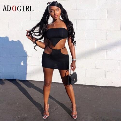 Adogirl Two Pieces Skirt Set Women Sexy Evening Party Club Off Shoulder Crop Top And Mini Skirt Suit Hollow Out Outfits streetwe