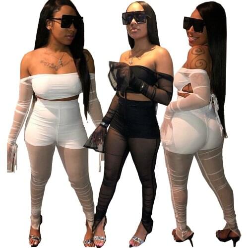 AR5379 European and American 2021 sexy womens clothing fashion temperament pure color sexy mesh shirring suit