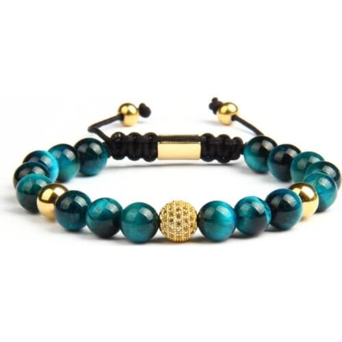 Ailatu Micro Pave Cz Ball Couples Bracelet 8mm Natural Blue & Rose Tiger Eye Stone Beads Jewelry