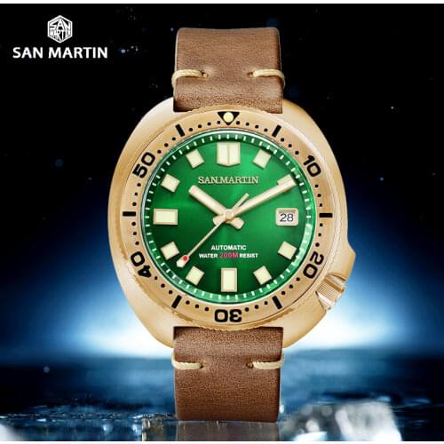 San Martin Abalone Bronze Diver Watch Automatic Men Mechanical Watches Luminous 200M Green Dial Buckle Strap Wristwatch Mens