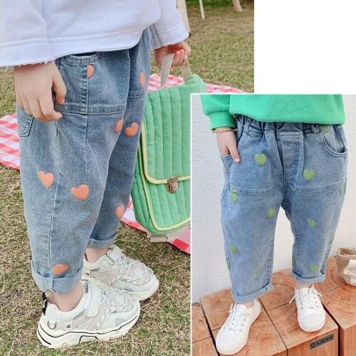 2020 Spring Summer New Baby Girl Cute Jeans Kids Girls Denim Pants Childrens Love Print Cowboy Trousers Baby Girls Fashion Jean