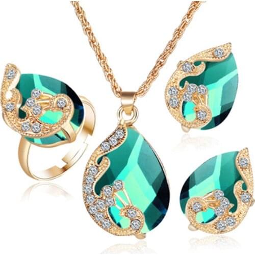 Wholesale gold color peacock three-piece crystal zircon water drop pendant necklace earring ring set female bijouterie
