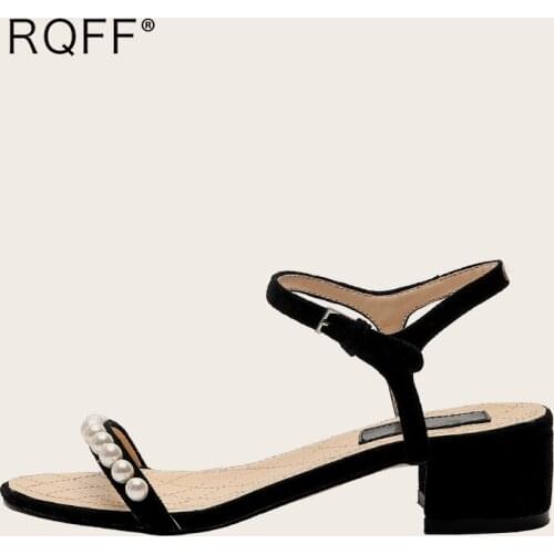 Summer Women Sandals 2021 New Fashion Pearl Open Toe Block flock Middle chunky Heels Plus Size Dress Handmade Buckle Strap Shoes