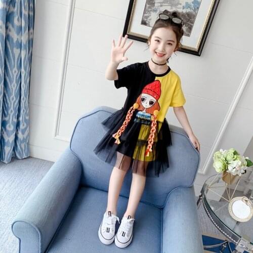 Girls fashion dresses 2021 children clothes loose short sleeve Girl print mesh patchwork dress summer clothes 3 4 5 6 7 9 10 12Y