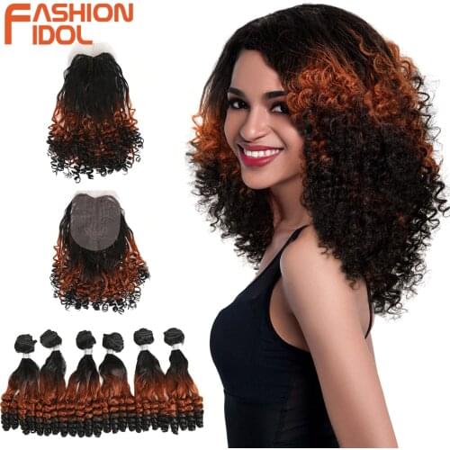 FASHION IDOL Afro Kinky Curly Hair Bundles 14inch 7Pieces/lot Upper Straight Lower Bend Synthetic Hair Lace Front With Closure