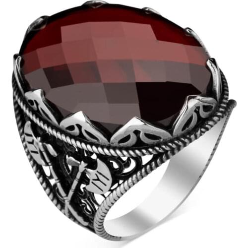 925 Sterling Silver Red Zircon Mens Ring with Axe Pattern on Sides Exclusive Ring for Men Silver Ring