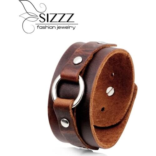 SIZZZ 24.2CM Long 3.5CM Wide European and American punk leather bracelet wide casual retro bracelet&bangles for men