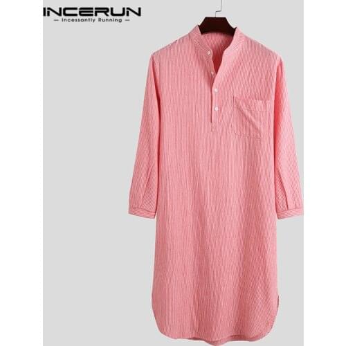INCERUN Fashion Men Striped Robes Sleepwear Long Sleeve Stand Collar Homewear Comfortable Mens Nightgown Leisure Bathrobes S-5XL