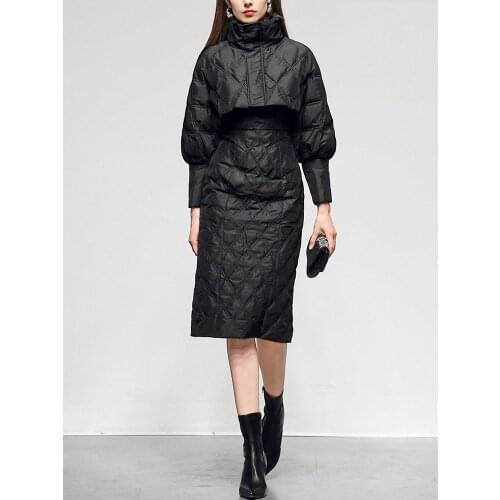 Winter Down Coats Sets 2021 New Pencil Dress With Crop Down Jacket Stand Collar Lantern Sleeve Argyle White Duck Down Overcoat