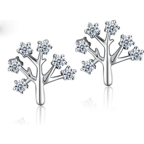 New Style 925 Sterling Silver Tree Earrings Cubic Zirconia Crystal Leaf Stud Earrings Brincos Piercing Bride Jewelry