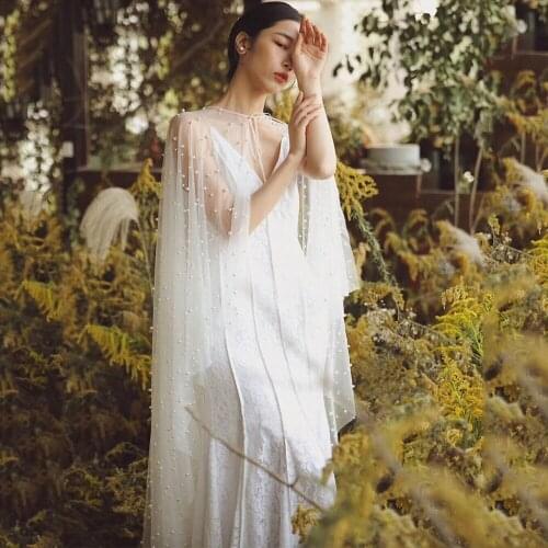 Pearls Tulle Wedding Wrap High Low Jacket Floor Length Water Ripple Shape Temperament Wedding Boleros Handmade Bridal Cape